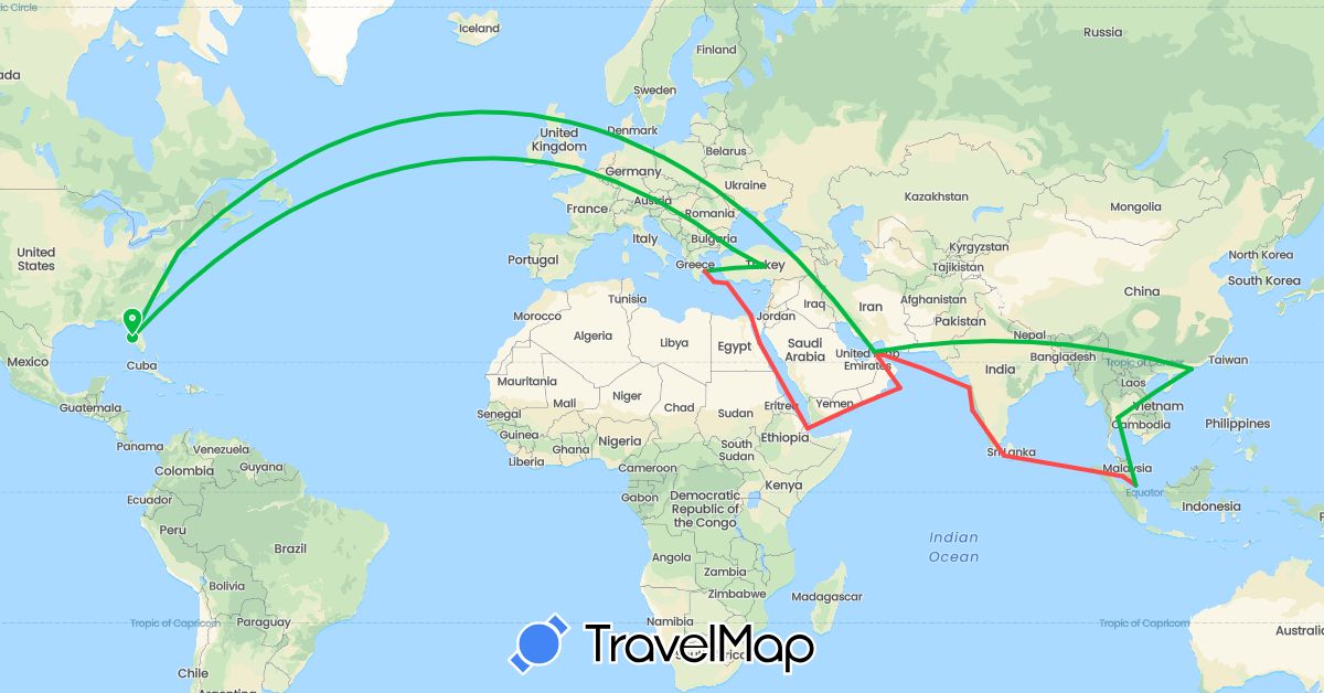 TravelMap itinerary: driving, bus, hiking in United Arab Emirates, China, Djibouti, Egypt, United Kingdom, Greece, India, Sri Lanka, Malaysia, Oman, Singapore, Thailand, Turkey, United States (Africa, Asia, Europe, North America)