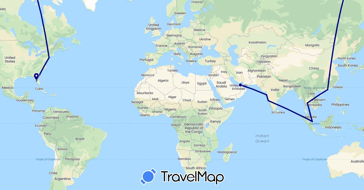 TravelMap itinerary: driving in United Arab Emirates, China, India, Malaysia, Singapore, Thailand, United States (Asia, North America)